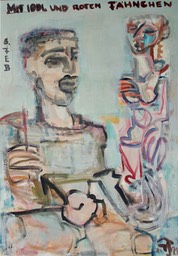 MIT IDOL UND ROTEM FÄHNCHEN,Leinwand 2021, 70 x 100 cm